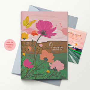 Gardening logbook with floral design and envelope on a white background