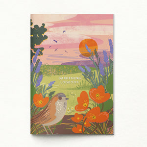 Gardening logbook cover with a colorful illustration of a garden scene, flowers, and a bird.