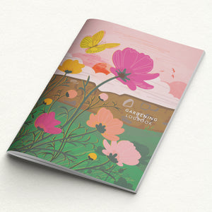 Gardening logbook with floral design on a white background