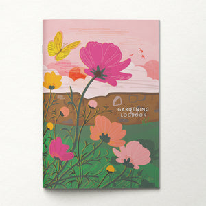 Gardening logbook with floral design and butterfly on a white background