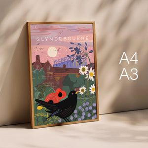 Glyndebourne print, Glyndebourne Opera House art, Glyndebourne illustration, Sussex landmark print, Sussex art print, Sussex wall art, opera house illustration, Glyndebourne gift, Sussex landscape artwork, British landmark print, theatre illustration print, cultural landmark art, Sussex home decor, UK landscape illustration, garden landscape print, opera lover gift, contemporary travel poster style, Sussex countryside art, illustrated landmark print, Sussex souvenir art