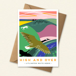 landmark illustration, Sussex landmark art, travel poster style print, vintage railway poster inspired, colourful landscape illustration, local landmark print, coastal wall art, UK seaside artwork, place inspired illustration, modern folklore art, architectural illustration print, destination art print, gift for Sussex lovers, nostalgic travel art, illustrated location print, scenic landscape artwork, colourful coastal decor, High and Over, Litlington White Horse