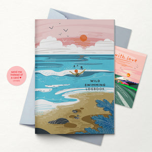 Illustrated logbook titled 'Wild Swimming Logbook' with beach scene design on a white background.