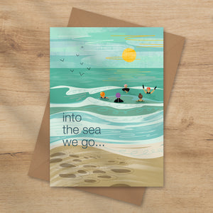 Into the sea we go sea swimming card with a group of swimmers in the sea