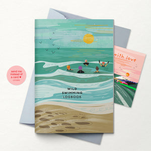 Illustrated logbook titled 'Wild Swimming Logbook' with a beach scene design on a white background.