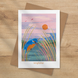 Greeting card with a kingfisher design on a pink and blue background