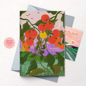 recipe logbook with envelope and little card, letterbox gift for home cooks, bakers, allotment enthusiasts and foragers