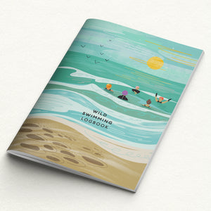 Notebook titled 'Wild Swimming Logbook' with beach and sea illustration on cover