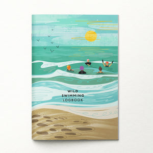Cover of 'Wild Swimming Logbook' with an illustration of people swimming in the sea.