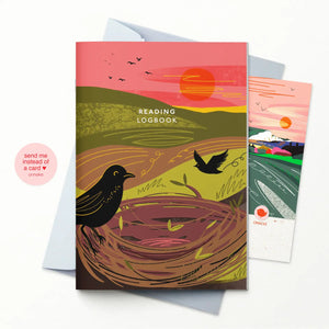 The reading logbook with the nest cover, a little card to add a message and a light grey envelope, a perfect letterbox gift
