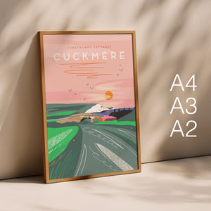 Cuckmere Haven print, Cuckmere Haven art, Cuckmere Haven illustration, Seven Sisters print, Seven Sisters cliffs artwork, Coastguard Cottages print, Sussex coastal print, Sussex landmark print, Sussex wall art, South Downs landscape print, Sussex coastline artwork, British coastline illustration, Sussex countryside art, coastal landscape wall art, UK coastal decor, illustrated Sussex print, travel poster style landscape, contemporary landscape illustration, Sussex gift, Sussex souvenir art