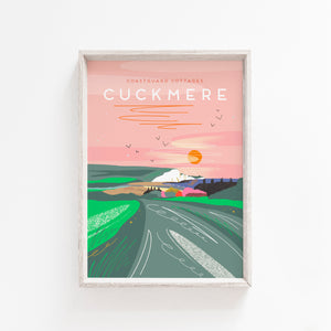 Cuckmere Haven print, Cuckmere Haven art, Cuckmere Haven illustration, Seven Sisters print, Seven Sisters cliffs artwork, Coastguard Cottages print, Sussex coastal print, Sussex landmark print, Sussex wall art, South Downs landscape print, Sussex coastline artwork, British coastline illustration, Sussex countryside art, coastal landscape wall art, UK coastal decor, illustrated Sussex print, travel poster style landscape, contemporary landscape illustration, Sussex gift, Sussex souvenir art