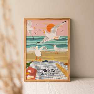 picnic print, beach picnic artwork, seagull illustration print, coastal art print, seaside wall art, A4 coastal wall art, vitamin sea collection, beach life illustration, coastal home decor, beach house artwork, ocean inspired print, fun coastal art, gift for sea lovers, seaside kitchen decor, summer beach print, British coastline art, playful seagull art, nature inspired wall art, UK coastal illustration, seaside gift