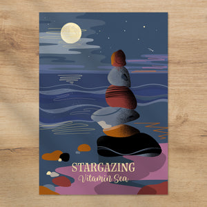 stargazing print, moonlit beach print, coastal night sky art, full moon illustration, stacked stones artwork, coastal art print, A4 coastal wall art, vitamin sea collection, ocean inspired wall art, gift for sea lovers, calming coastal decor, seaside wall art, night sky artwork, beach landscape print, nature inspired wall art, moon and stars print, coastal home decor, UK coastal illustration, tranquil wall art, seaside gift