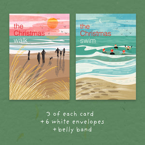 Two illustrated beach-themed cards titled 'the Christmas walk' and 'the Christmas swim' on a green background, with text below reading '3 of each card +6 white envelopes + belly band'.