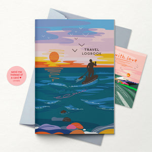 Travel logbook with sunset design and paddleboarder illustration on a white background