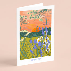 Greeting card with floral design and 'Painted Sky' text, nature illustration on greeting card by onneke