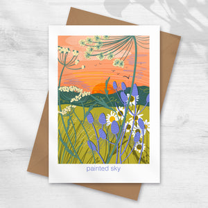Greeting card with floral design and 'Painted Sky' text, nature illustration on greeting card by onneke