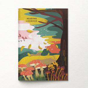 Reading logbook with a colorful forest design on a white background
