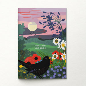 Decorative reading logbook with a colorful illustration of a bird, flowers, and a full moon rising.