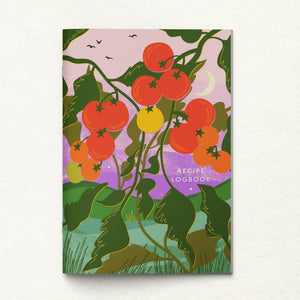 Recipe logbook with tomato illustration on a white background