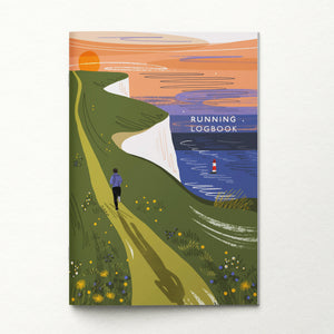 Running logbook cover with a person running on a path on the cliff edge.