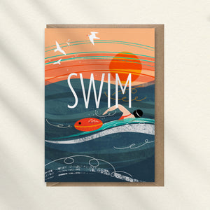 illustrated greeting card with a swimmer, inflatable buoy, and sunset design by onneke