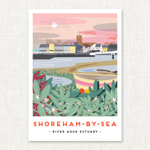 Shoreham, Shoreham-by-sea, River Adur, Sussex art print, Sussex wall art, Sussex landmark print, Sussex landscape print, Sussex coastal art, Sussex illustration print, Sussex souvenir art, Sussex gift, British coastline print, UK landscape illustration, coastal wall art Sussex, travel poster style print, modern folk art print, naive illustration style art, graphic landscape print, contemporary landscape artwork, seaside wall decor, illustrated Sussex landscape, Sussex home decor, coastal poster print