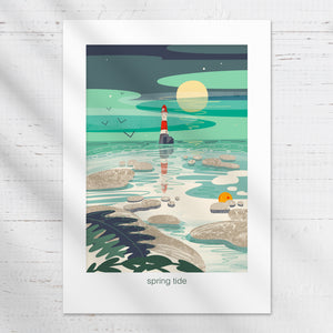 Lighthouse in the sea with the tide going out and the full moon rising