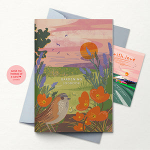 Gardening logbook with floral design and envelope on a white background
