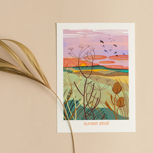 Greeting card with a sunset landscape design on a white background with seed pods and rolling hills. A nature card with illustration by onneke