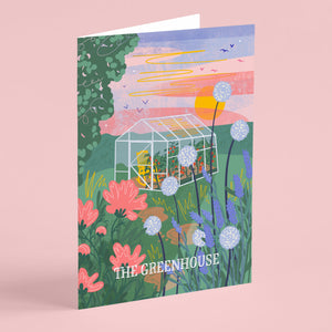 A greenhouse in a garden with flowers with a beautiful painted sky. The greenhouse has tomatoes growing and a yellow rocking chair to take a little break, illustration by onneke