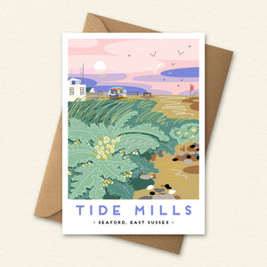 landmark illustration, Sussex landmark art, travel poster style print, vintage railway poster inspired, colourful landscape illustration, local landmark print, coastal wall art, UK seaside artwork, place inspired illustration, modern folklore art, architectural illustration print, destination art print, gift for Sussex lovers, nostalgic travel art, illustrated location print, scenic landscape artwork, colourful coastal decor, Tide Mills, Seaford Beach