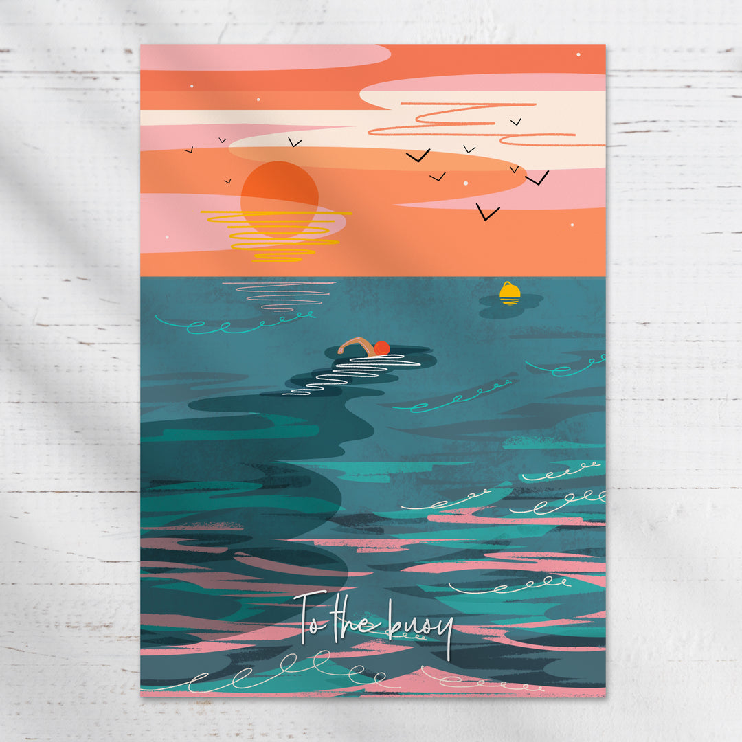 to the buoy print, wild swimming print, sea swimming wall art, coastal swimming artwork, wild swimmer gift, open water swimming art, swimming illustration print, ocean inspired wall art, A4 coastal print, gift for wild swimmers, sea lover decor, coastal home decor, wanderlust collection print, swimmer artwork, outdoor swimming gift, seaside wall art, wild swim illustration, British coastline print, ocean lover gift, coastal decor print
