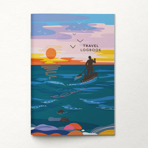 Travel logbook with a sunset paddleboarding design on a white background