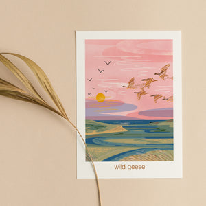 Wild geese flying over the Cuckmere estuary nature greeting card with coastal illustration by onneke