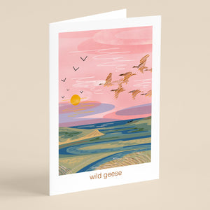 Wild geese flying over the cuckmere estuary, nature inspired illustration by onneke on coastal greetig card