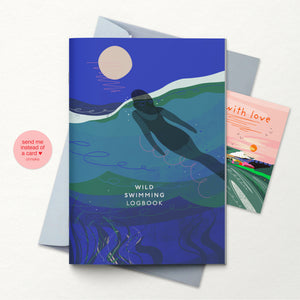 The Wild swimming logbook with the full moon swim illustration, a little card to add a message and a light grey envelope, making it a perfect letterbox gift