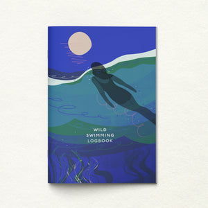 The cover of the wild swimming logbook with the full moon swim illustration