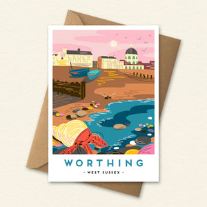 landmark illustration, Sussex landmark art, travel poster style print, vintage railway poster inspired, colourful landscape illustration, local landmark print, coastal wall art, UK seaside artwork, place inspired illustration, modern folklore art, architectural illustration print, destination art print, gift for Sussex lovers, nostalgic travel art, illustrated location print, scenic landscape artwork, colourful coastal decor, Worthing Dome