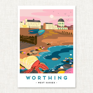 Sussex art print, Sussex wall art, Sussex landmark print, Sussex landscape print, Sussex coastal art, Sussex illustration print, Sussex souvenir art, Sussex gift, British coastline print, UK landscape illustration, coastal wall art Sussex, travel poster style print, modern folk art print, naive illustration style art, graphic landscape print, contemporary landscape artwork, seaside wall decor, illustrated Sussex landscape, Sussex home decor, coastal poster print, Worthing