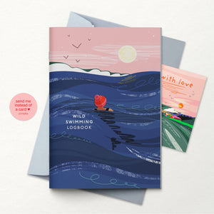 Illustrated logbook titled 'Wild Swimming Logbook' with a cold water swimmer in the sea.